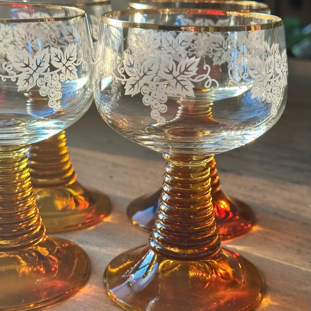 4 Vintage Etched Wine Goblets Amber Stems European Floral Glassware Set